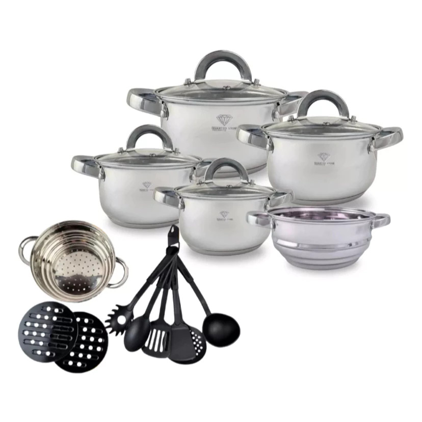 Imagem Jogo de Panelas 19 Peças Aço Inox Original – Fundo Triplo 9 Camadas, Indução e Gás