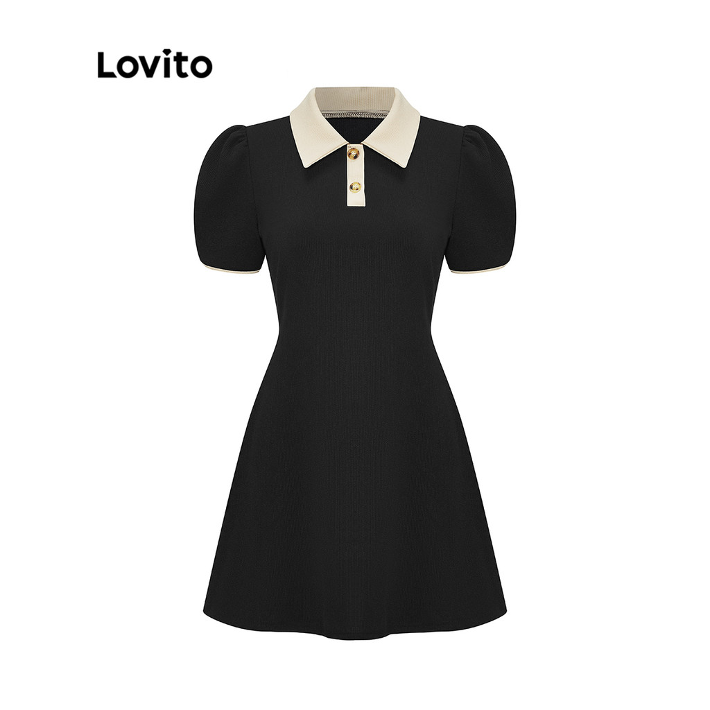 (Trendy) Lovito Vestido Casual Liso Com Gola Contrastante Para Mulheres L55AD057 (Multicolorido)
