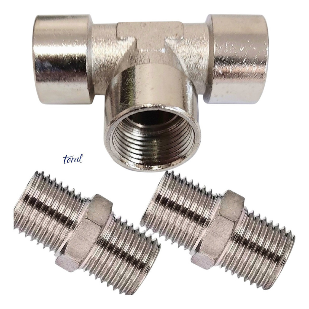 Conexão União Tee Latão Fêmea Rosca 1/4 Bsp + 2 Niples 1/4