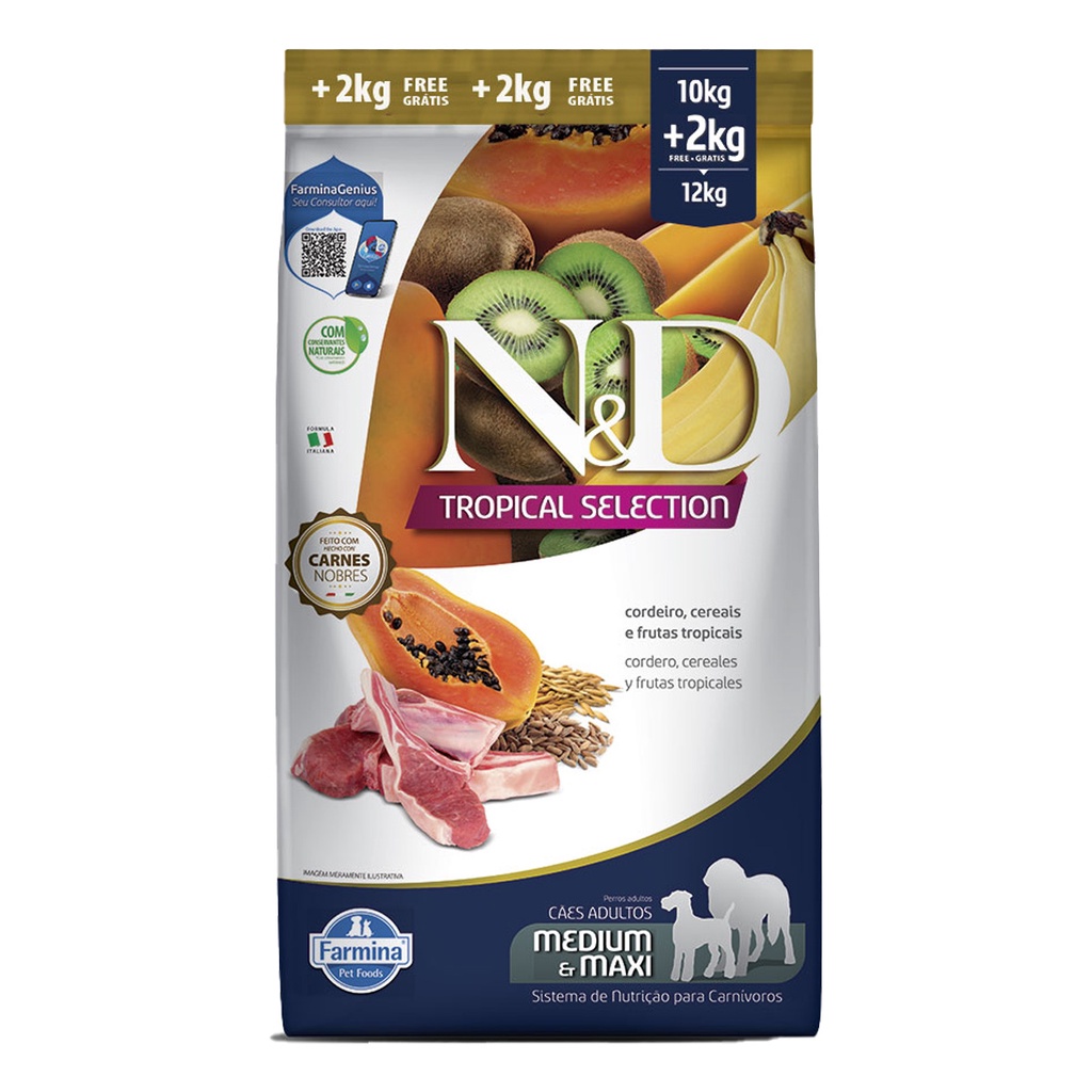 Ração ND Tropical Selection Para Cães Adultos Medium/Maxi Cordeiro Leve 12kg e Pague 10kg - Pets