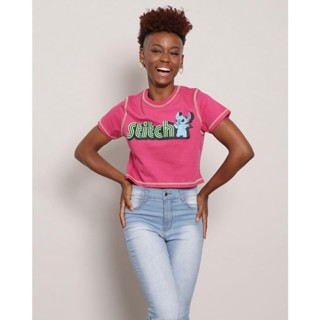 Camiseta Feminina Cropped Disney Stitch Manga Curta Rosa