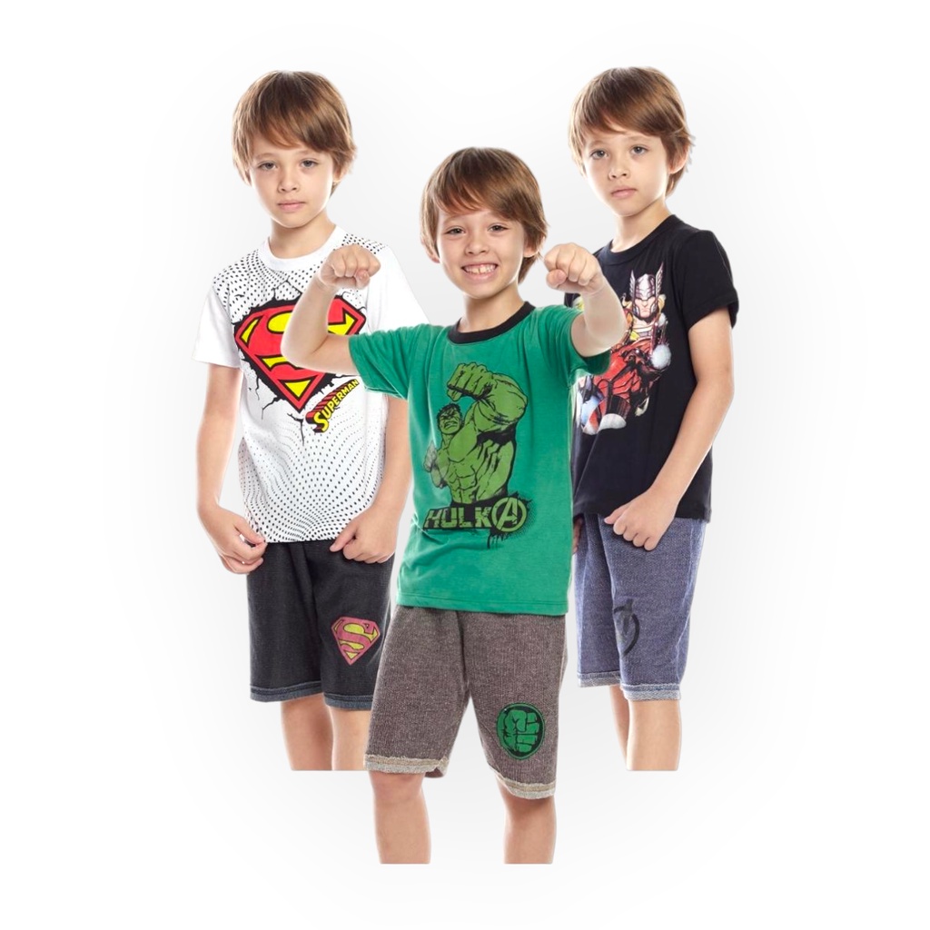 KIT 7 CONJUNTOS MENINO MENINA SHORTS MOLETINHO E CAMISETA ALGODÃO VERÃO PERSONAGENS PRINCESAS