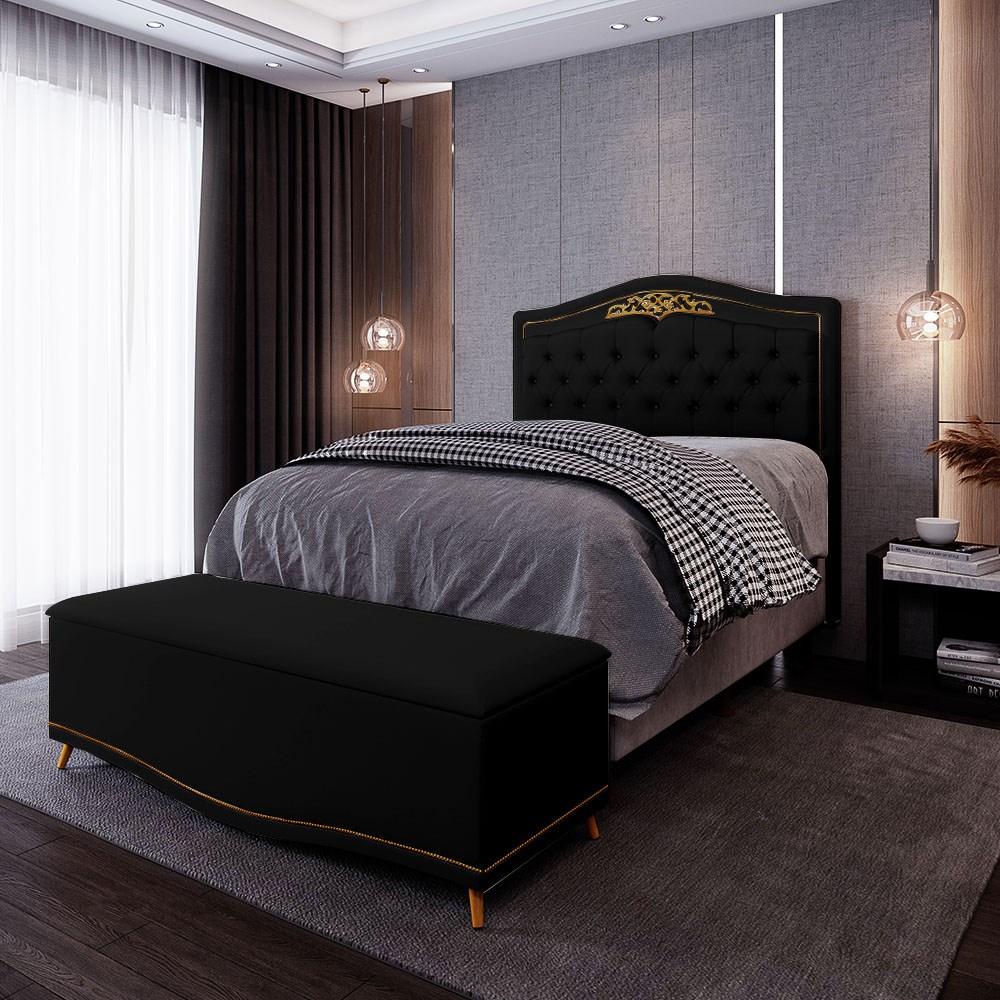 Cabeceira Cama Box Casal Queen 160cm Com Calçadeira Baú Imperial J02 Sintético Preto - Mpozenato
