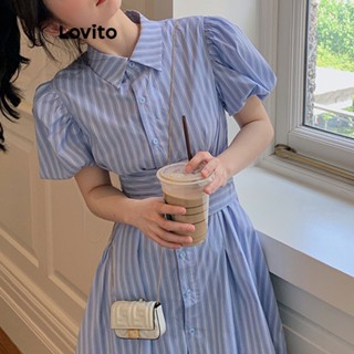 Lovito Vestido Casual com Listras e Babado para Mulheres LNA17148 (Azul)