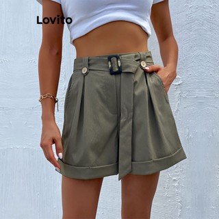 Lovito Shorts Casuais Com Cinto Liso Para Mulheres LNL36150 (Verde Exército/Preto)