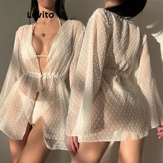 Lovito Kimono Boho Liso Com Cadarço Para Mulheres LNL37127 (Branco)