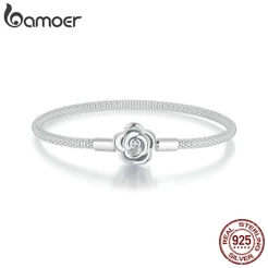 BAMOER 925 Sterling Silver Rose Pattern Padrão Básico De Prata Rosa Moda Jóias Em Cadeia Presentes Para Mulheres SCB266