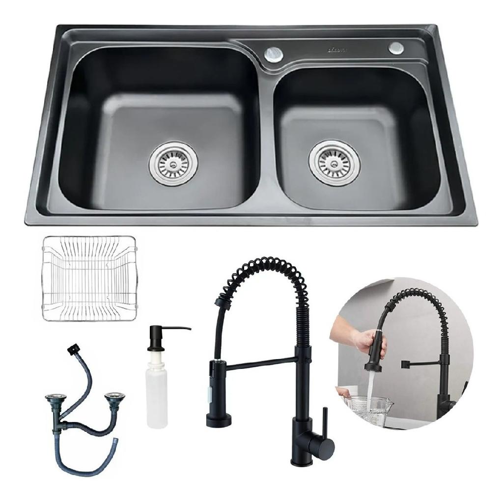 Cuba Cozinha Gourmet Pia Dupla Inox Preta Torneira Flexivel