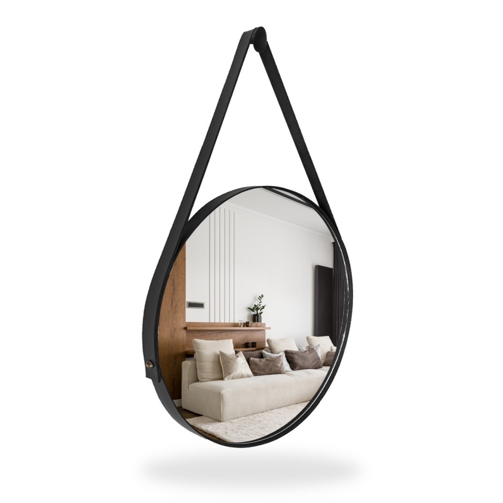Espelho Adnet 40cm Sala Quarto Banheiro Suporte e Pendurador Alça Couro