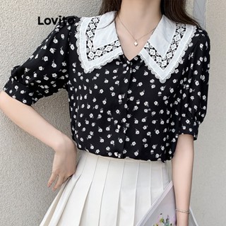 Lovito Blusa De Renda Com Costura Em Tecido Elegante Ditsy Floral Com Babados No Pescoço Para Mulheres LNA36026 (Preto)
