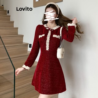 Lovito Vestido Elegante De Natal Com Laço Liso E Manga Comprida Em Linha A Para Mulheres LNA43225