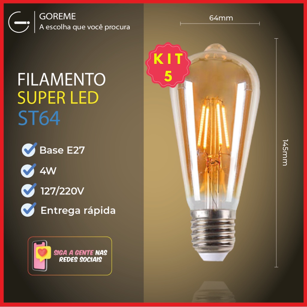 Kit 5 Lâmpada Filamento LED ST64 4W E27 LUZ QUENTE (AMARELO) Âmbar Retrô Vintage 110V~220V | Bivolt em Oferta na Shopee
