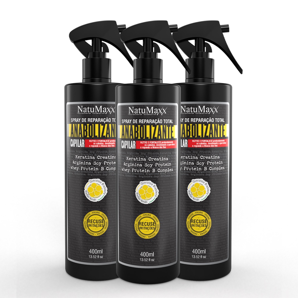 Kit 3 Spray de Reparação Anabolizante Capilar Natumaxx 400ml Fortificante Proteção térmica Controle frizz brilho intenso