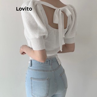 Lovito Tops De Malha Casual Com Laço Liso Nas Costas E Manga Bufante Para Mulheres L77ED078