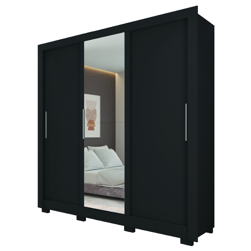 Guarda Roupas Casal com Espelho 3 Portas de Correr 2 Gavetas Vitória Preto Caemmum em Oferta na Shopee