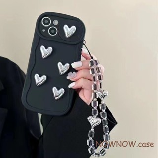 Compatível Para iPhone 15 14 13 12 11 Pro MAX 7 8 Plus X XS INS Janela Deslizante Simples Preta Sólida E Branca Com Alça De Coração Prateada Capa Macia De Silicone