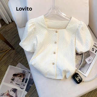 Lovito Blusa Elegante Lisa com Botões para Mulheres LNE38108 (Branco/Branco Rosa)