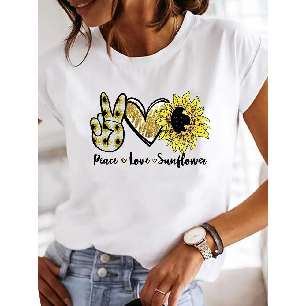 Camiseta Estampada Feminin@ Algodao Paz Amor Girassol Verão Blusa Camisa Casual Unissex Feminino Masculino 100% Algodão