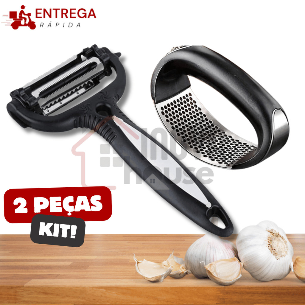 Kit 2 Peças Essencial de Utensílios Descascador de Legumes 3 em 1 e Espremedor de Alho Manual com Cabo Anatômico