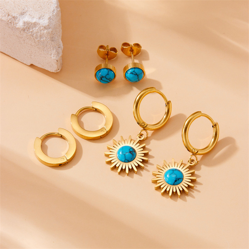 Brincos de aço inoxidável, conjunto de 3 brincos azul turquesa, não desbotam, brincos femininos