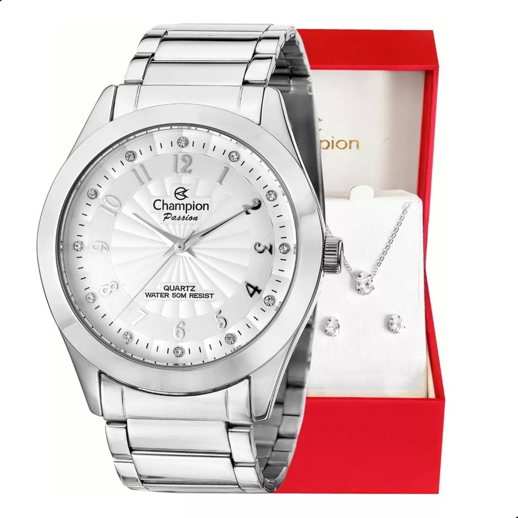 Relógio de Pulso Feminino Champion Analógico Prata CN29409Q Colar e Brincos em Oferta na Shopee