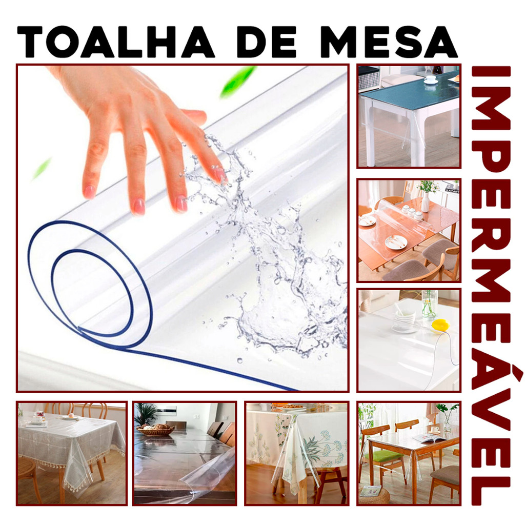 Toalha de Mesa Plástico PVC Ultra Grossa 4 6 8 Lugares Transparente Cristal Impermeável Té...