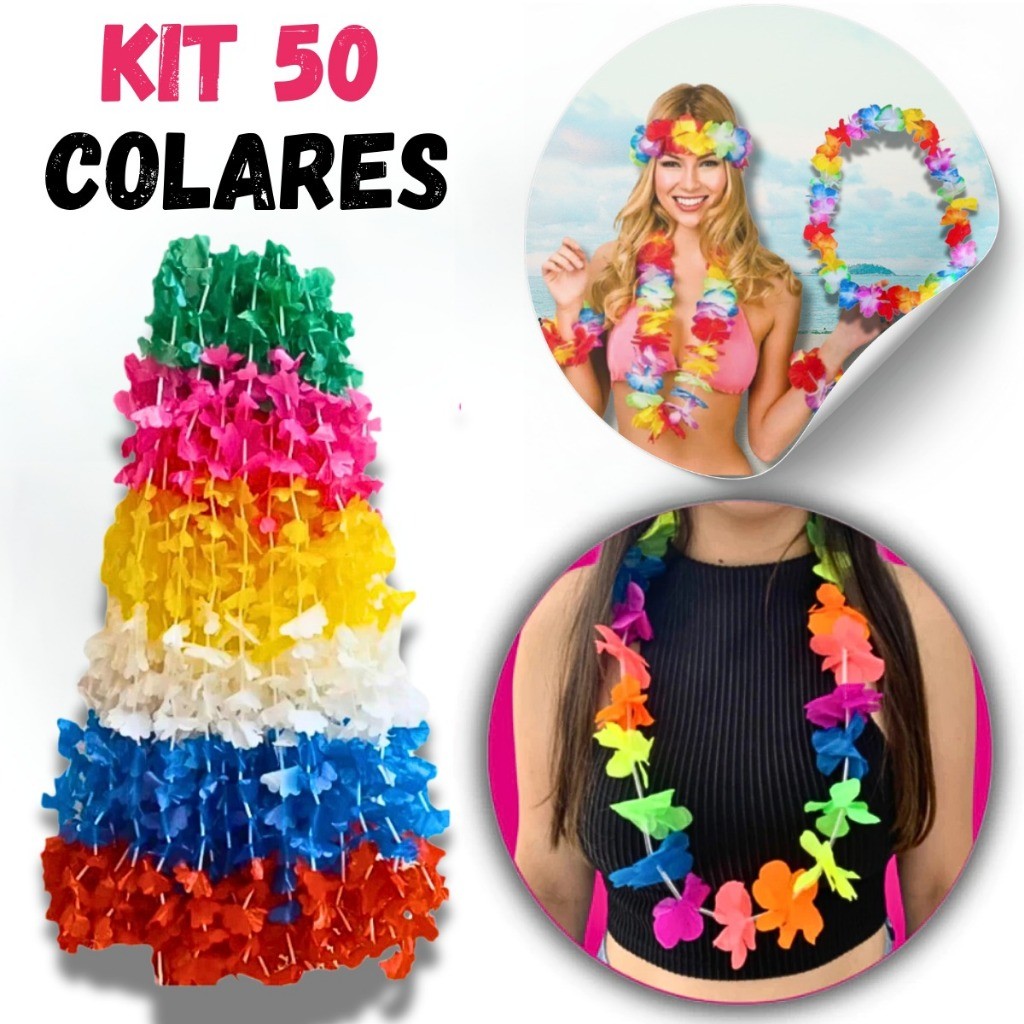 Kit Colar Havaiano Flor Carnaval Flores Coloridas para Luau Festas Fantasia Adereço de Pescoço em Oferta na Shopee