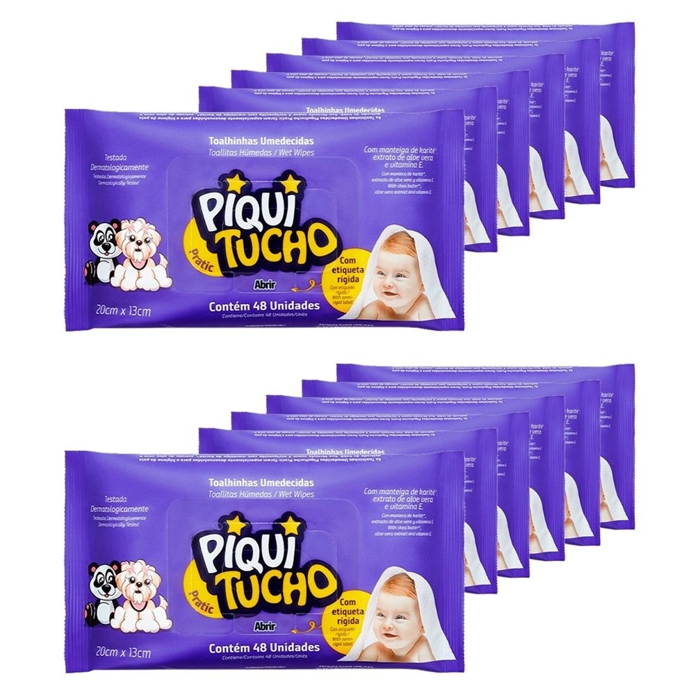 Toalhas Umedecidas Piquitucho Pratic c/ 48 Unidades - Kit de 12 Embalagens- Total de 576 Toalhinhas - Mom & Baby