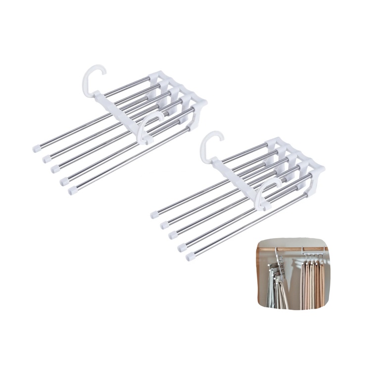 Kit 2 Cabide Dobrável Em Inox Organizador Retráteis 5 Calças em Oferta na Shopee