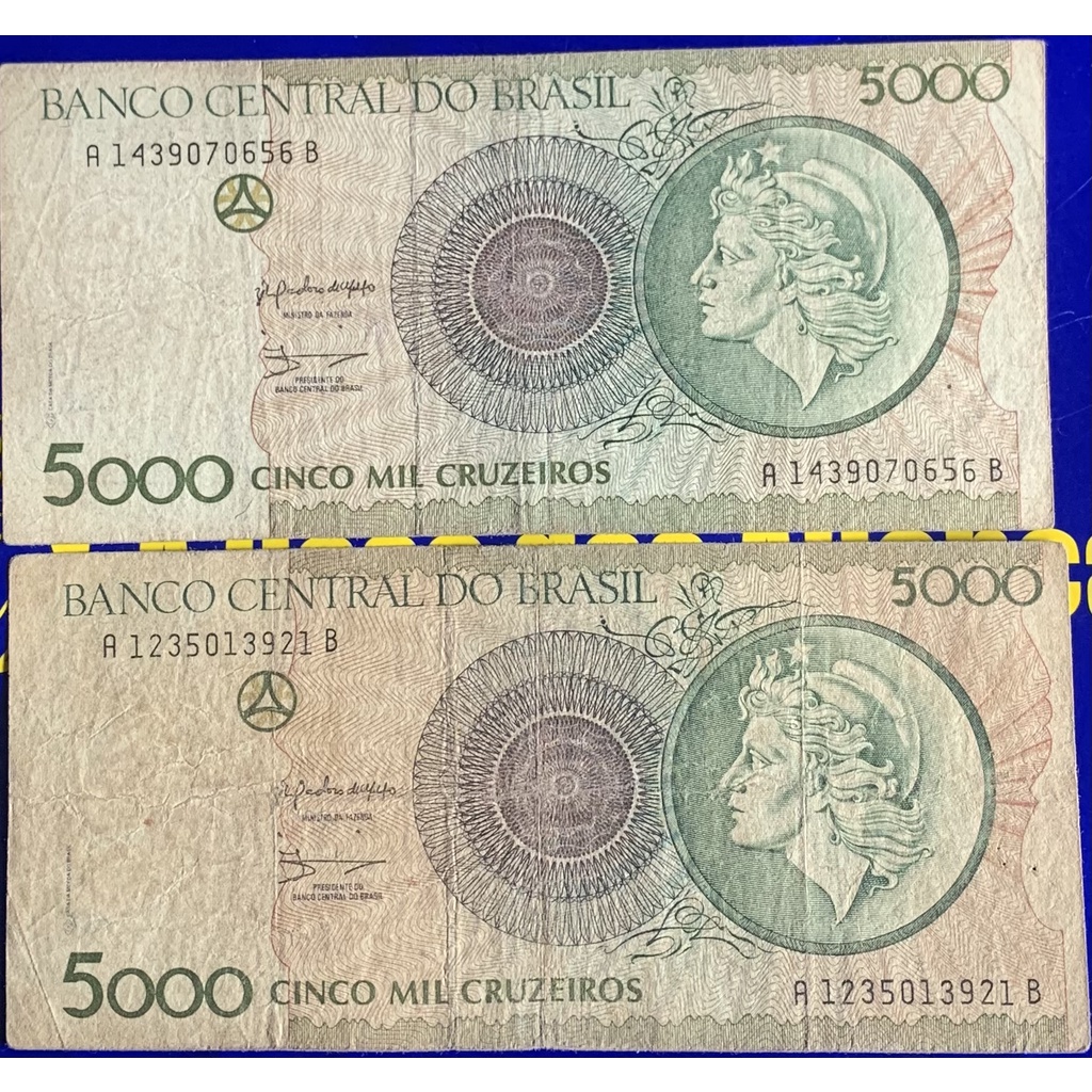 2 Cédulas 5 Mil Cruzeiros Banco Central do Brasil Coleção Raras Brasil Antigas Coleção Linda Cédulas