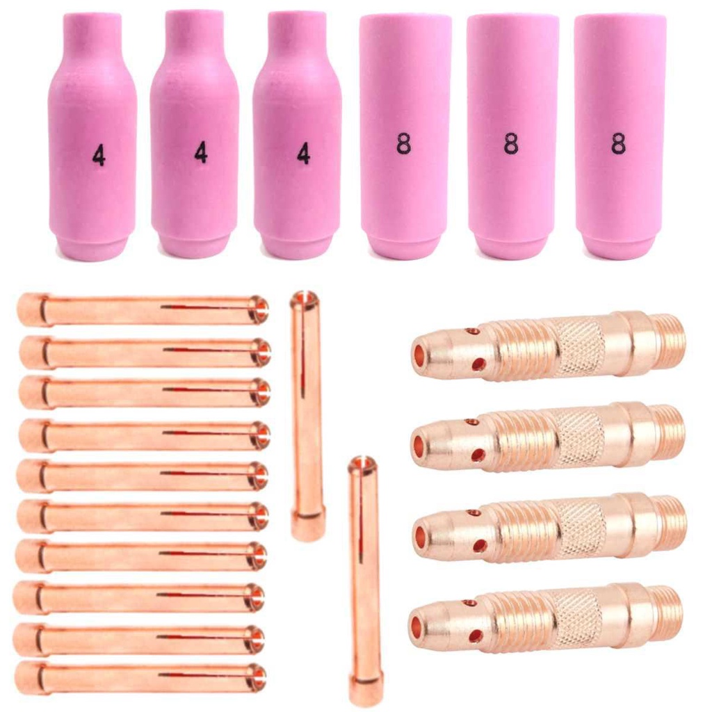 Kit TIG - 3 Bocais #4 - 3 Bocais #8 - 6 Pinça 1,6mm - 6 Pinça 2,4mm - 2 Difusor 1,6mm - 2 Difusor 2,4mm