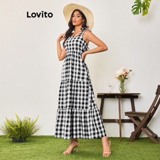 Lovito Boho Vestido Feminino Xadrez Amarrado LBA05057 (Preto)