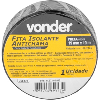 Fita Isolante Anti Chama Preta 10 Metros - Vonder em Oferta na Shopee