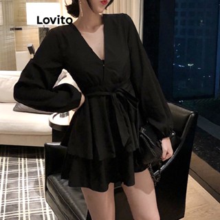 Lovito Casual Vestido Feminino Liso com Camada Dupla LNA26167 (Vermelho/Preto)