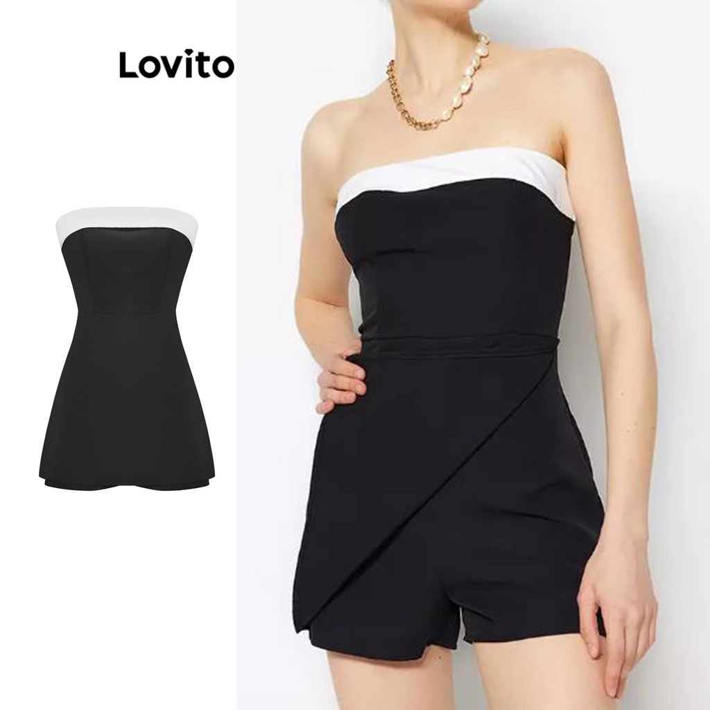Lovito Macacão Formal Liso Colorblock Assimétrico Para Mulheres L59ED157 (Preto) em Oferta na Shopee