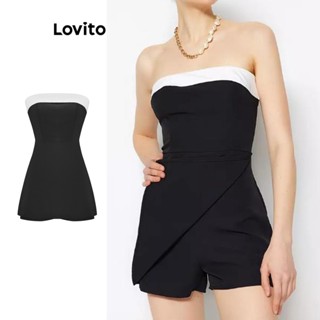 Lovito Macacão Assimétrico de Bloco de Cores para Mulheres L59ED157 (Preto)