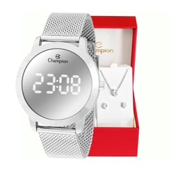 Relógio Champion Feminino Digital Prata Espelhado Pulseira Mesh + Colar e Brincos Original CH40106S