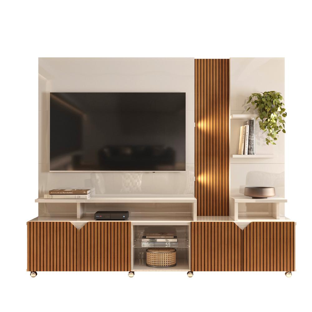 Estante Home Teather para TV até 55 Polegadas com LED Ripado Impressão 3D 2,10m Cross Off White Pero em Oferta na Shopee