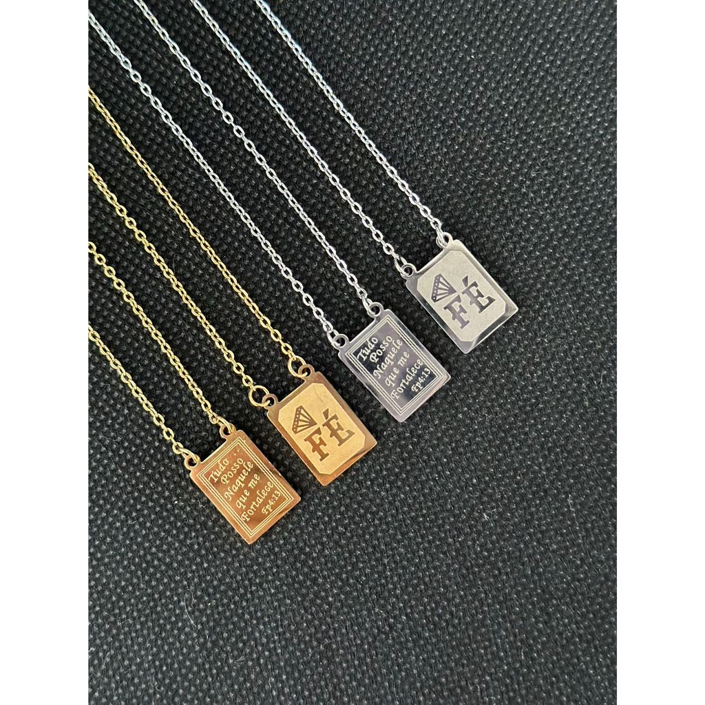 Escapulário de FE e Tudo Posso Naquele Me Fortalece Dourado e Prata Aço Inox 316L(Envio em 24 horas)