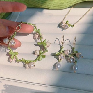 Novo Design Lírio Do Vale Pérola Verde Orelha Gancho Colar Pulseira Moda Feminina Elegante Flor Branca Brincos De Festa De Casamento Jóias
