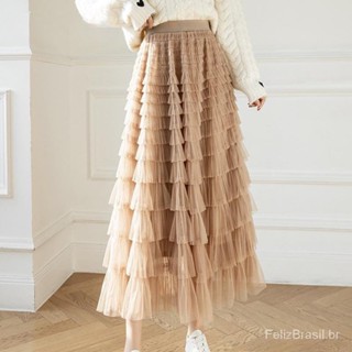 Qooth Outono coreano estilo Puffy Cake moda vintage tule de cintura alta saia de malha QT1989