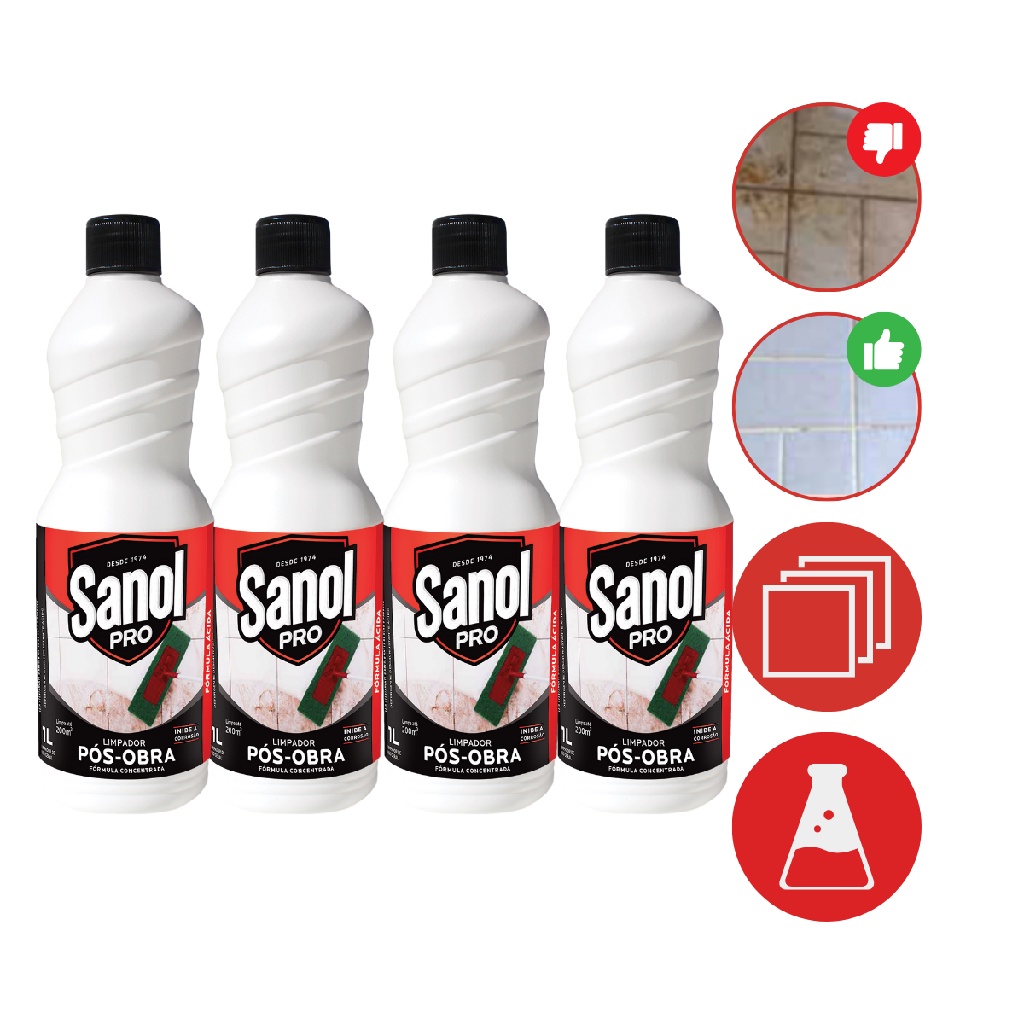 Kit 4 Limpador Pos Obra Remove Cimento Sanol Pro 1L