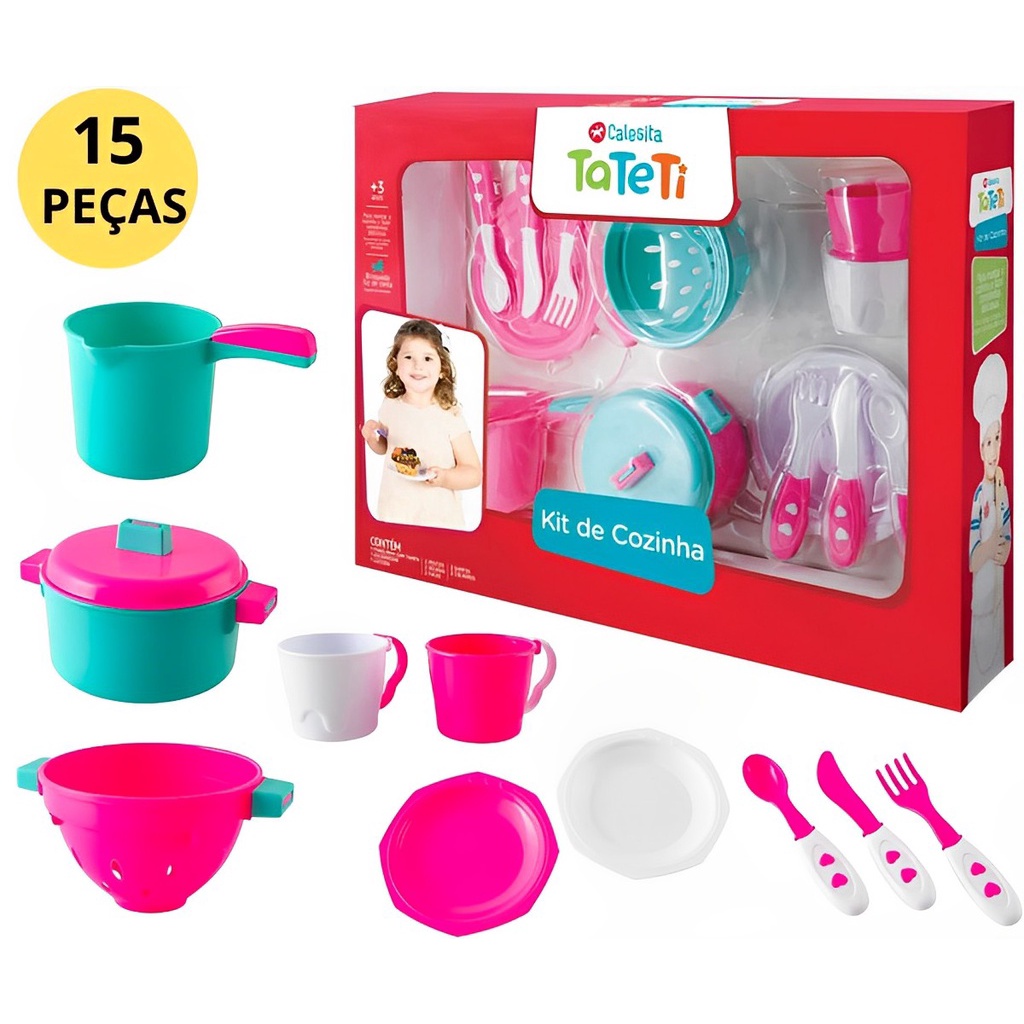 Jogo De Panelinhas Infantil Masterchef Kit Cozinha com Acessóriso Xicaras, Talheres, Pratinhos Brinquedo Calesita 13 peças