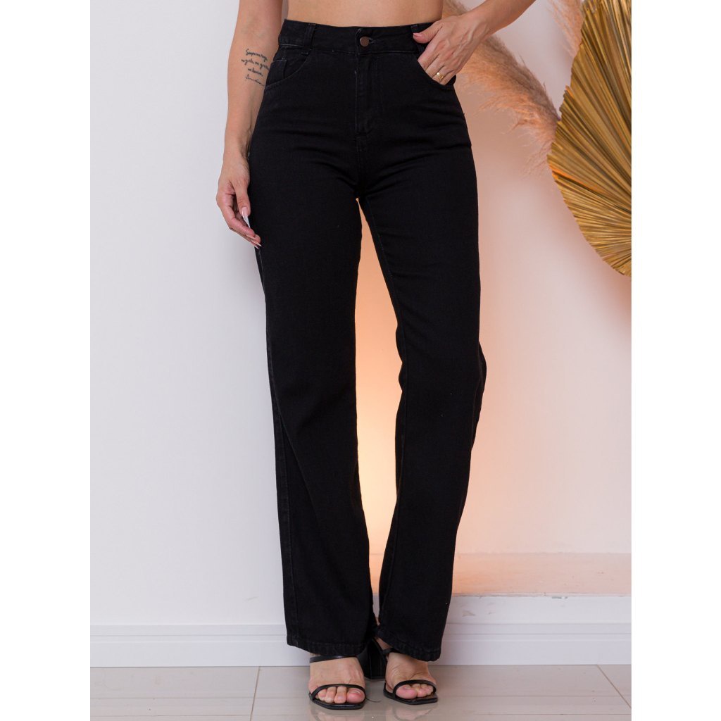 CALÇA JEANS FEMININA CINTURA ALTA PANTALONA WIDE LEG LISA DENIM PREMIUM em Oferta na Shopee