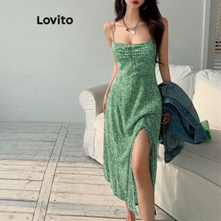 Lovito Casual Vestido Feminino Floral Franzido L71ED179 (Verde)