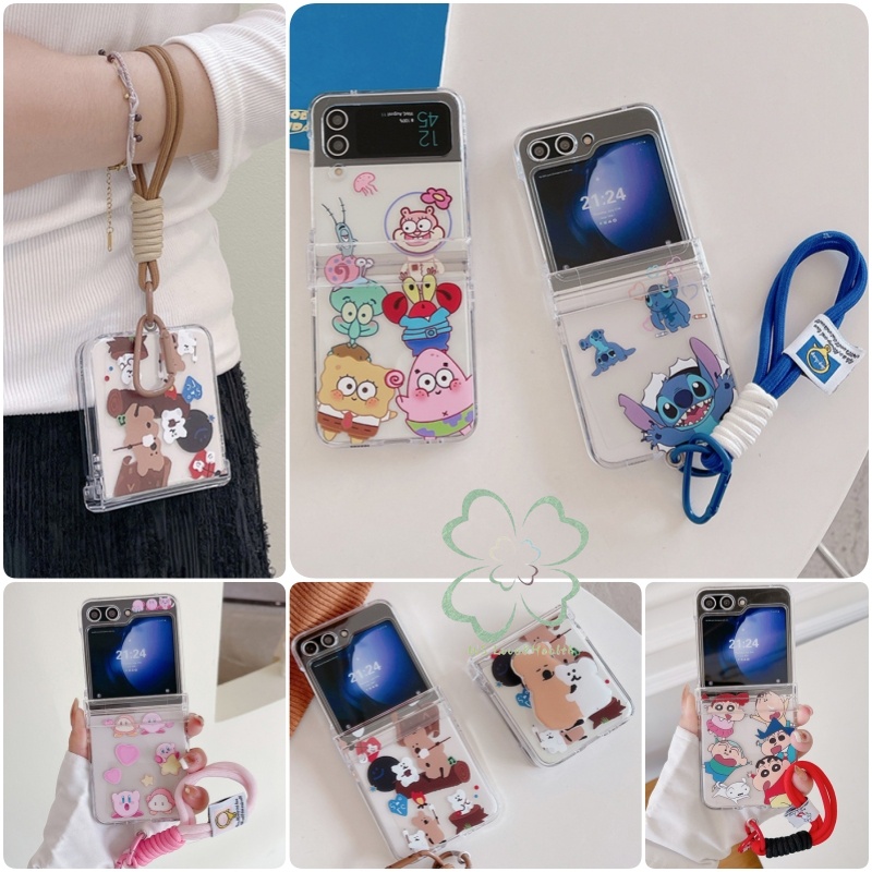 Bracelete Cartoon Pintado Com Suporte De Dobradiça Transparente Samsung Galaxy Z Flip 6 5 4 3 Caixa Capa De Proteção