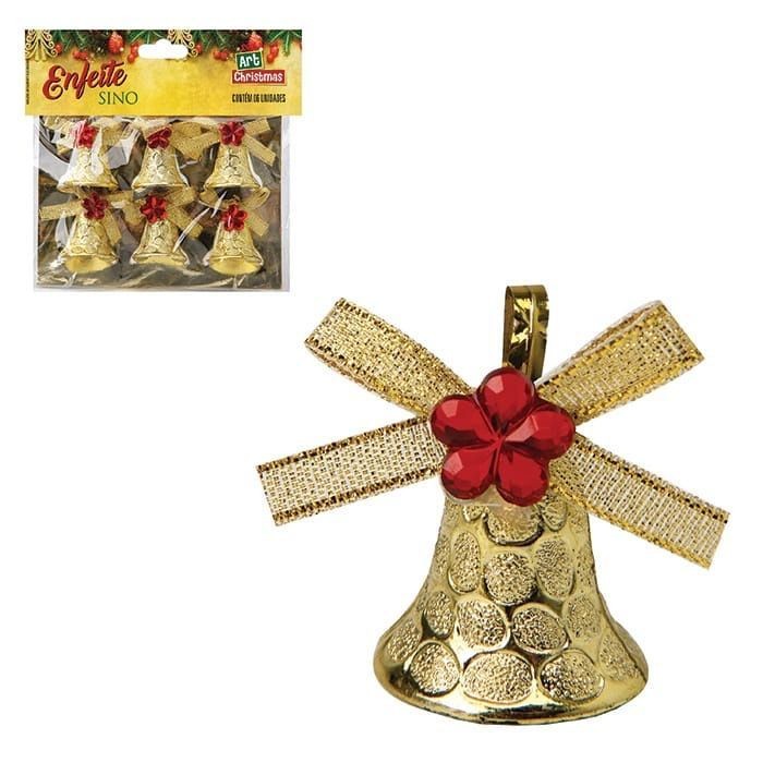 Kit 6 Enfeites Sino Dourado Pendente Decorativo Para Arvore De Natal Natalina Enfeite