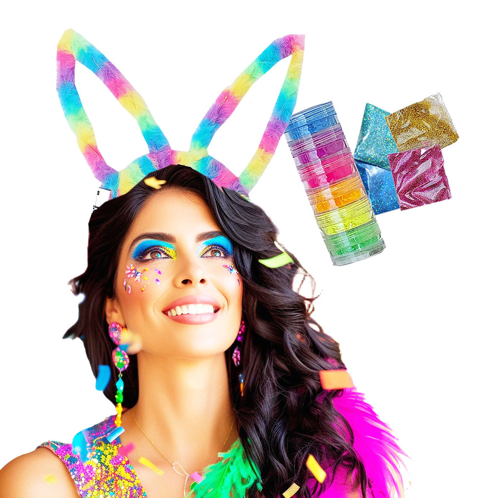 Kit Fantasia: Tiara Coelho Arco Íris com Led + Torre 6 Cores Sombra Neon + 4 Cores Glitter em Pó - Carnaval Festa Balada