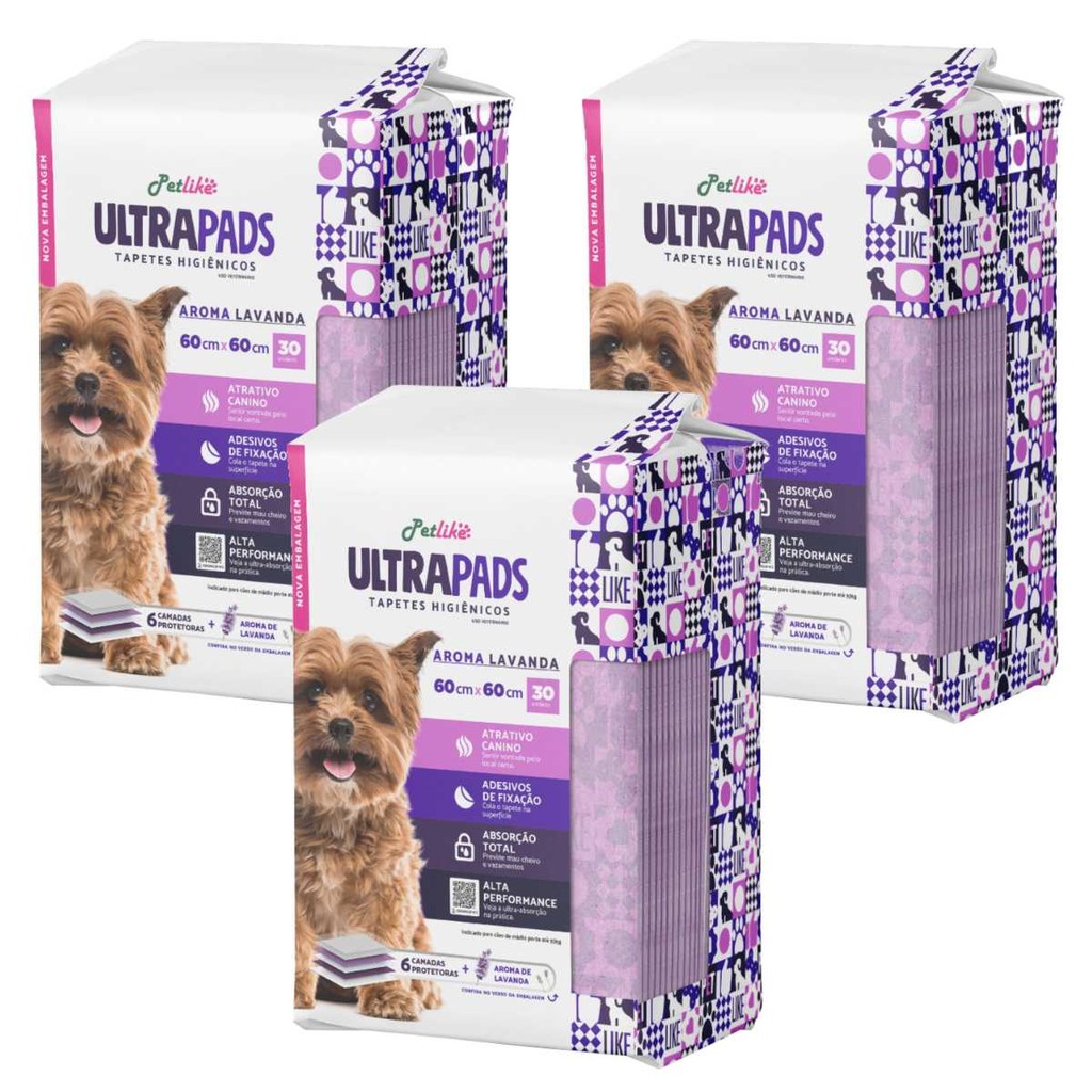 Kit 90 Unidades Tapete Higiênico Pet Aroma Lavanda UltraPads 60x60cm