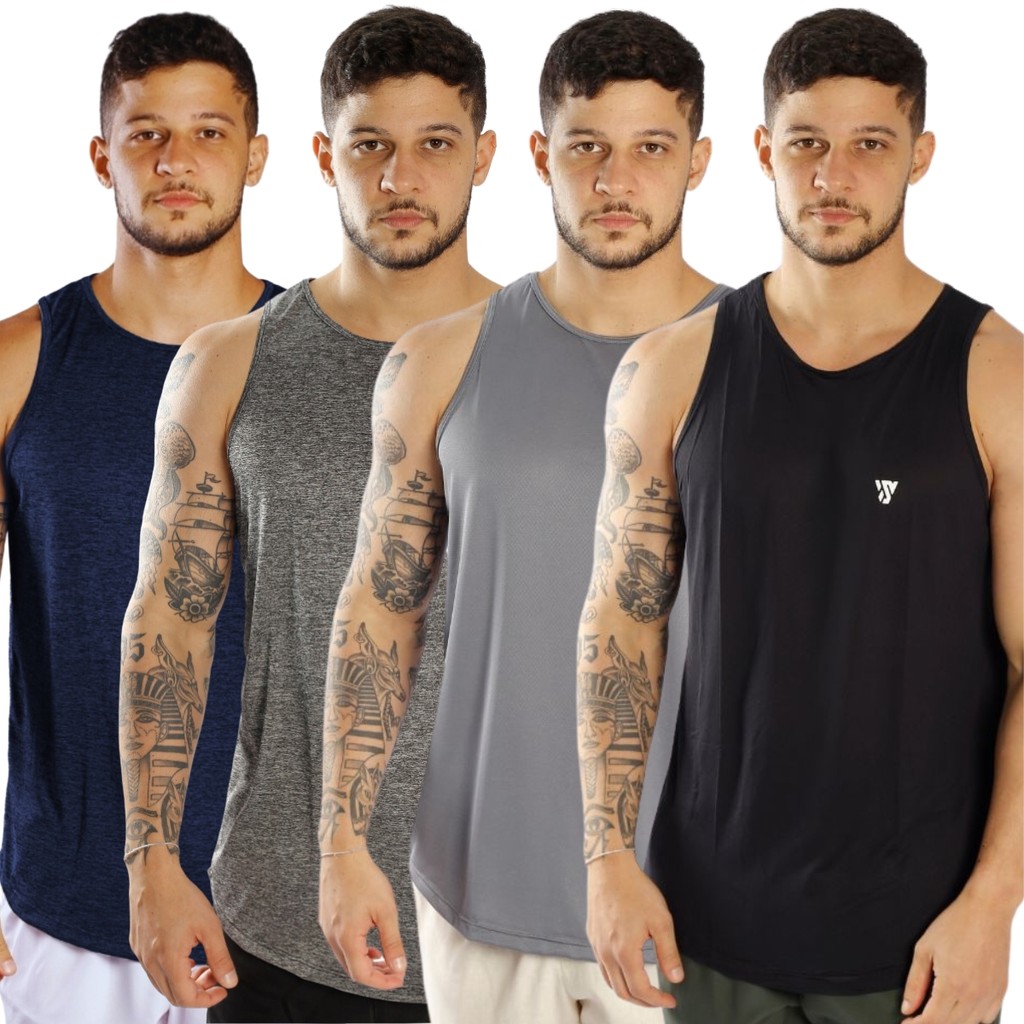 Kit 4 Camiseta Regatas Dry 2 Lisa e 2 Rajada Esporte Passeio